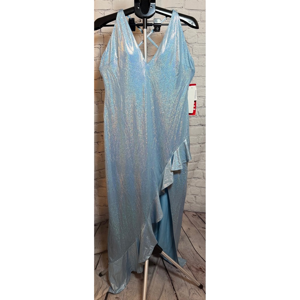 NWT Social Couture Light Blue Metallic Ruffle Slit Formal Gown Size 13/14‎